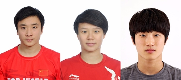 왼쪽부터 중국 남자 대표 선수 차오 위안(CAO Yuan), 중국 여자대표 선수 스팅마오(Shi Tingmao), 한국 남자 대표 우하람 선수.