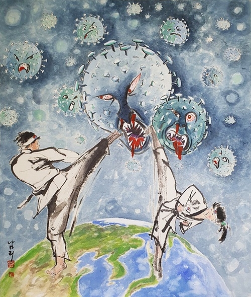허임석- 태권, 2020, 장지에 수묵채색, 53×45cm.