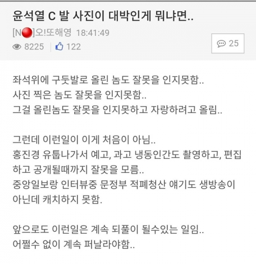 윤석열 열차 구둣발 사건을 비판해 화제가 된 한 네티즌의 글  © 인터넷 자료