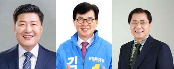 왼쪽부터 오하근 민주당 순천시장 후보, 김성 장흥군수 후보, 신우철 완도군수 후보.