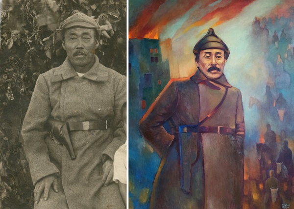 홍범도 장군_원본사진(왼쪽)과_초상화. ⓒ광주 광산구청 제공