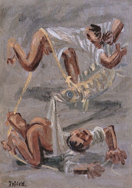 이중섭. 물고기와 노는 두 어린이 1953-54 종이에 유채 41x31cm.ⓒ전남도립미술관 제공.