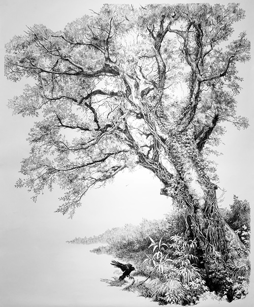 김영화- 그 나무 그늘아래, 150×130cm, 종이위에 펜, 2022. ⓒ광주아트가이드