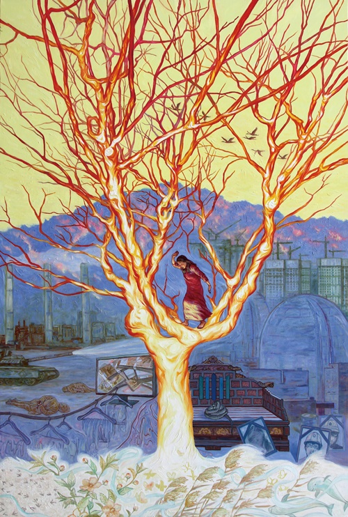 김화순- '뭇 생명의 작은 날갯짓과 함께', 193.9×130.3cm, oil on canvas, 2022. ⓒ광주아트가이드